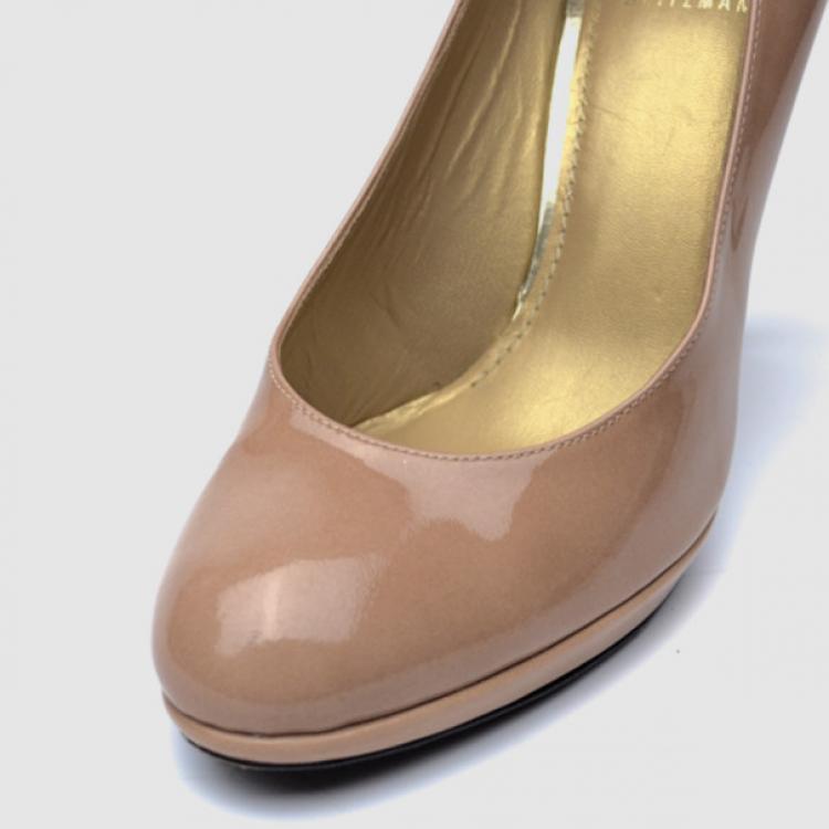 Pre Owned Stuart Weitzman Nude Patent Leather 'Platswoon' Platform Pumps Size 39.5