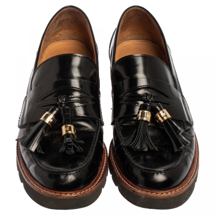 Pre Owned Stuart Weitzman Black Leather The Manila Loafers Size 39.5