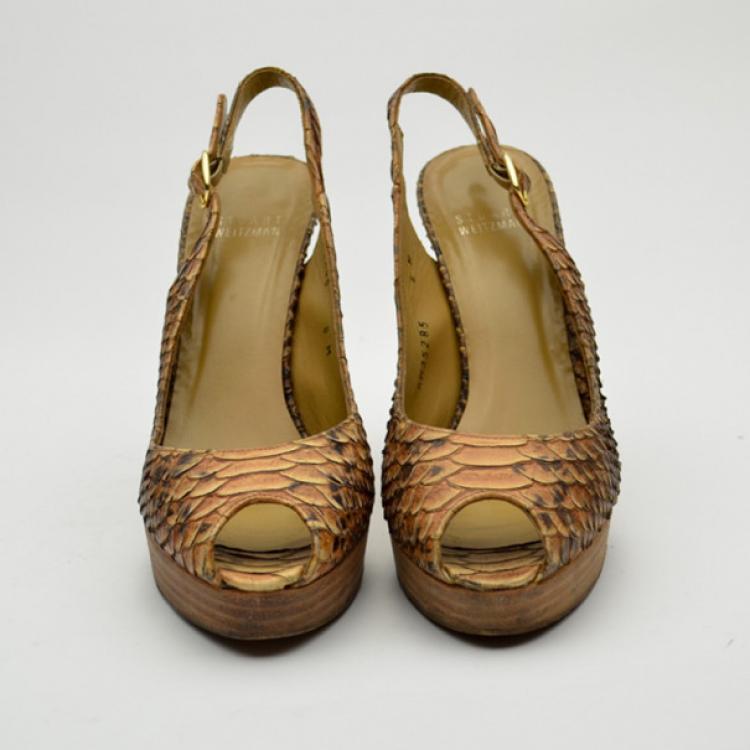 Pre Owned Stuart Weitzman Python Embossed Peep Toe Slingback Sandals Size 39