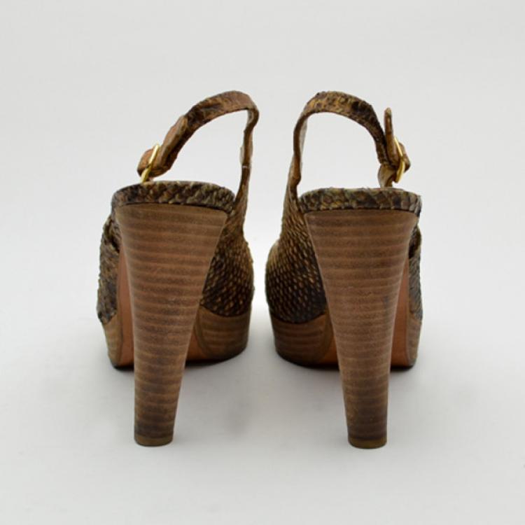Pre Owned Stuart Weitzman Python Embossed Peep Toe Slingback Sandals Size 39