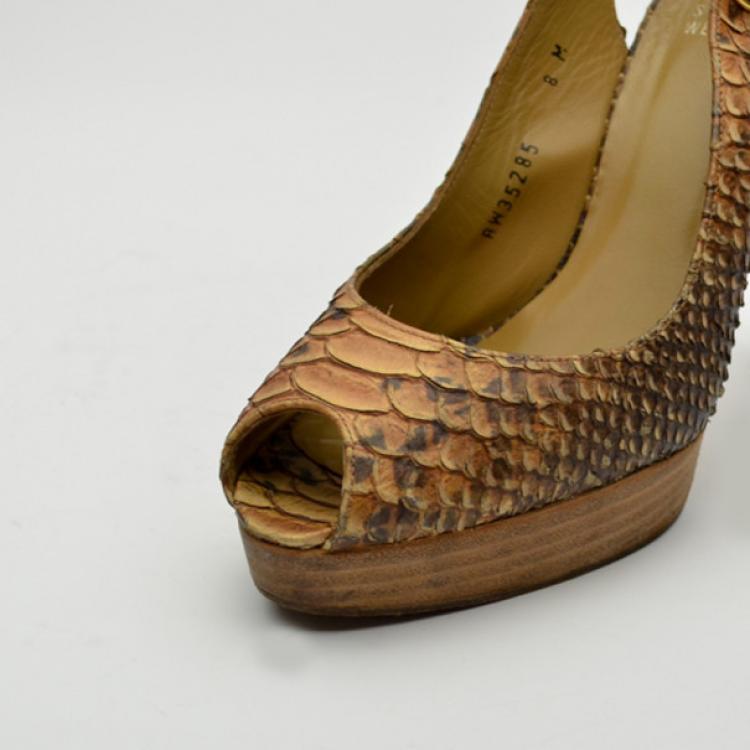 Pre Owned Stuart Weitzman Python Embossed Peep Toe Slingback Sandals Size 39