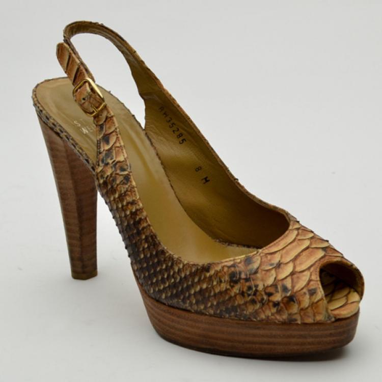 Pre Owned Stuart Weitzman Python Embossed Peep Toe Slingback Sandals Size 39