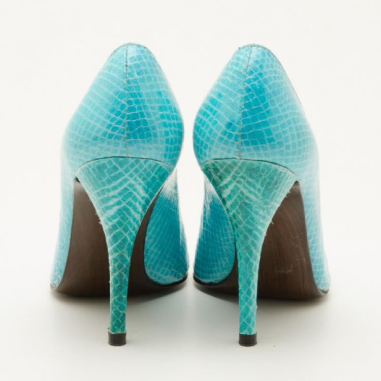 Pre Owned Stuart Weitzman Turquoise Embossed Peep Toe Pumps Size 35