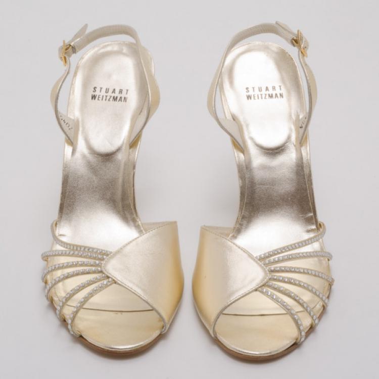 Pre Owned Stuart Weitzman Gold Leather 'Glospray' Slingback Sandals Size 40.5