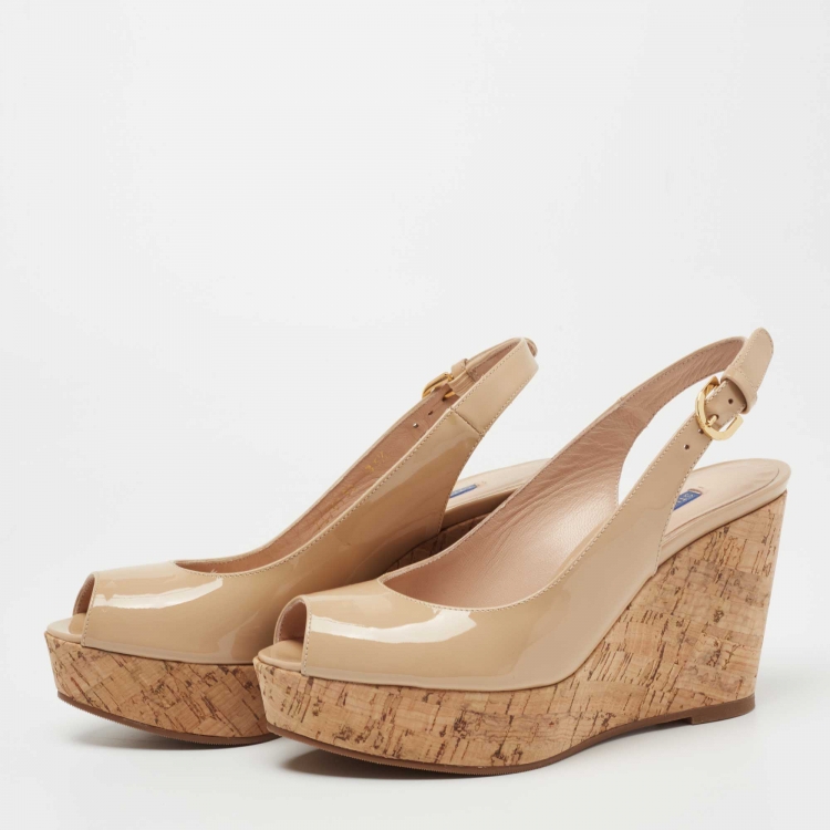 Pre Owned Stuart Weitzman Beige Patent Leather Jean Peep Toe Cork Wedge Pumps Size 35.5