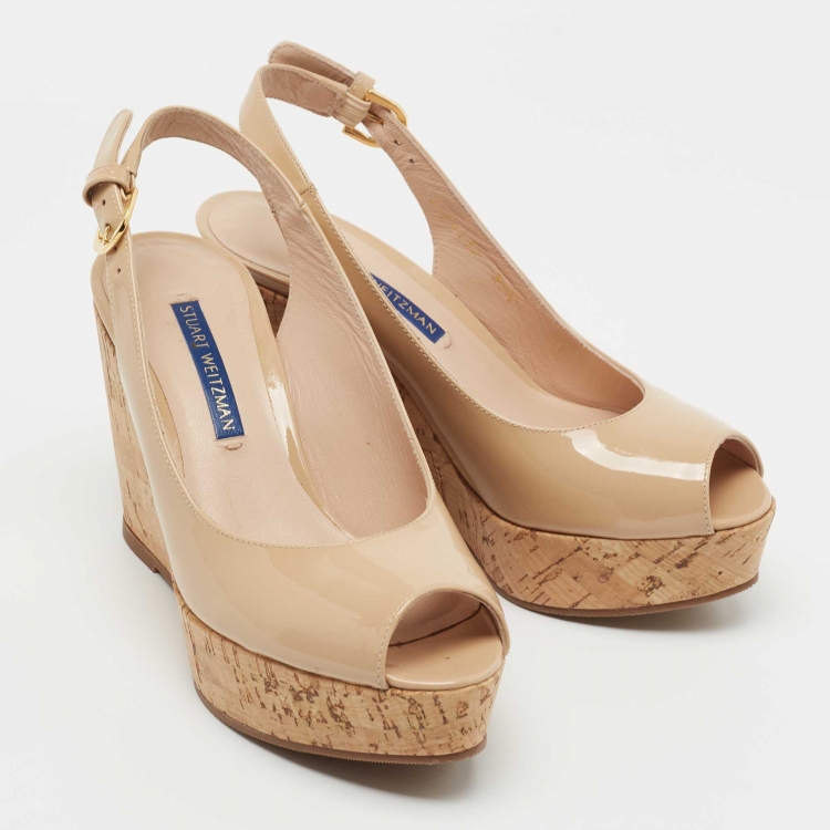 Pre Owned Stuart Weitzman Beige Patent Leather Jean Peep Toe Cork Wedge Pumps Size 35.5
