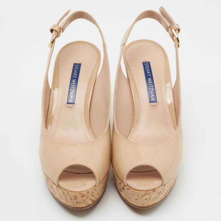 Pre Owned Stuart Weitzman Beige Patent Leather Jean Peep Toe Cork Wedge Pumps Size 35.5