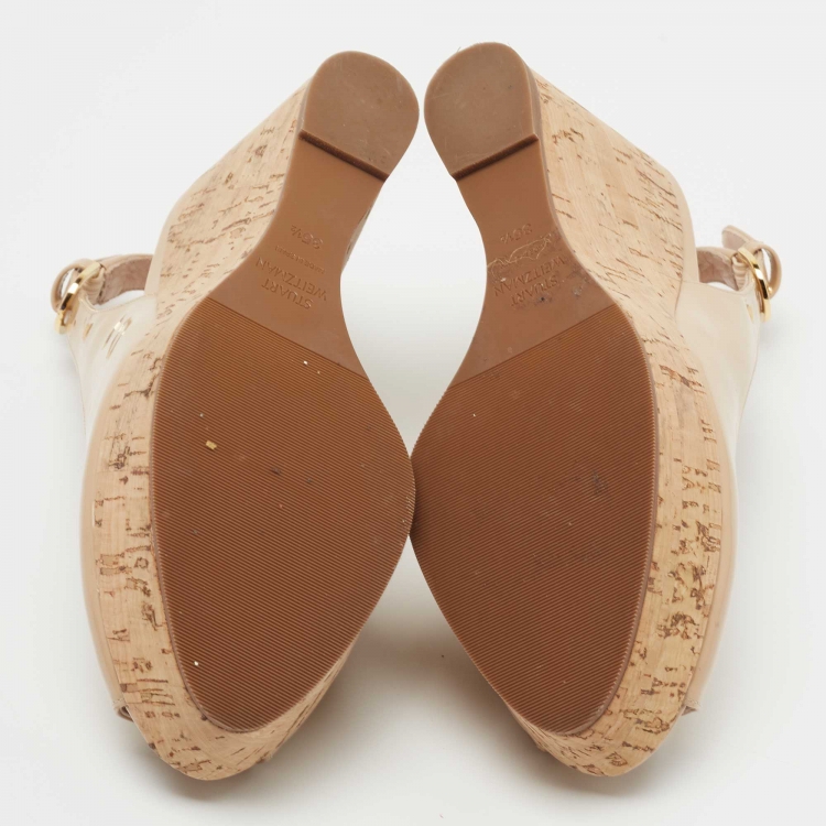 Pre Owned Stuart Weitzman Beige Patent Leather Jean Peep Toe Cork Wedge Pumps Size 35.5