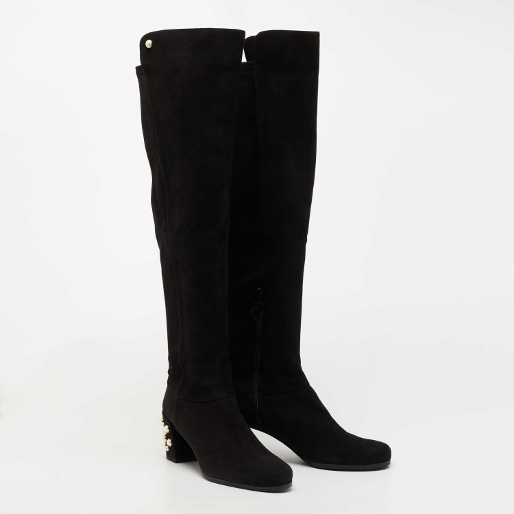 Pre Owned Stuart Weitzman Black Suede Pearl Studded Knee Length Boots Size 39.5