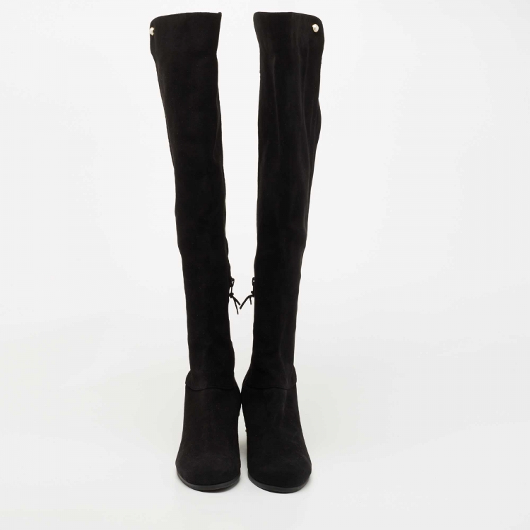 Pre Owned Stuart Weitzman Black Suede Pearl Studded Knee Length Boots Size 39.5