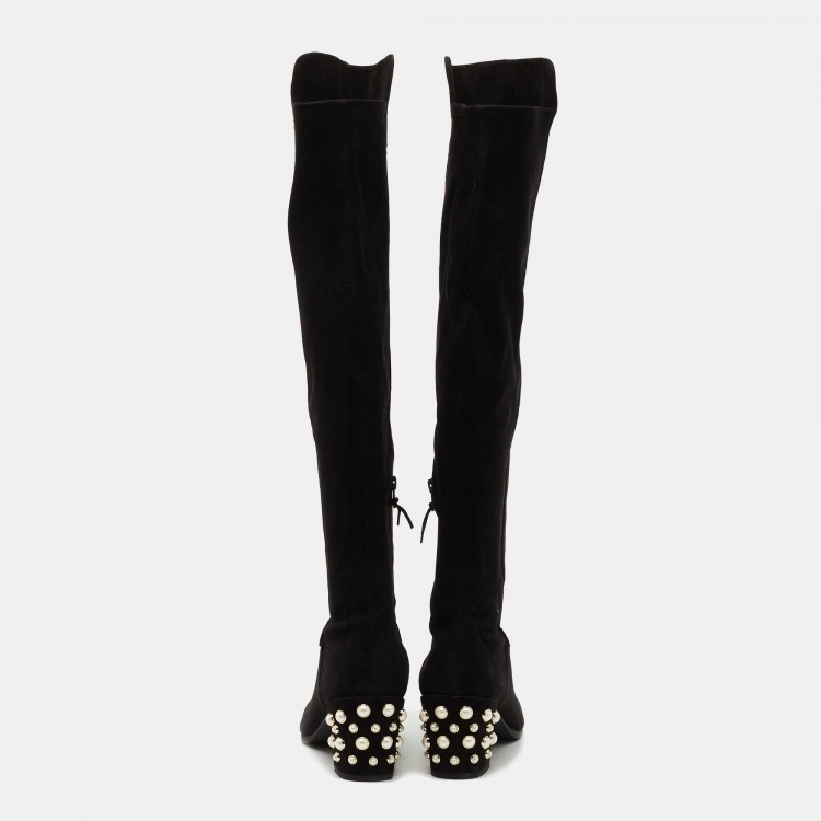 Pre Owned Stuart Weitzman Black Suede Pearl Studded Knee Length Boots Size 39.5