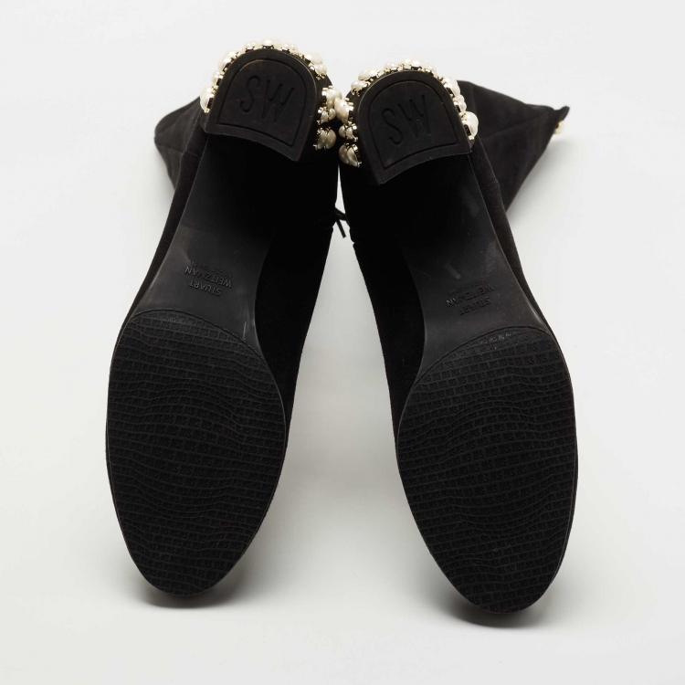 Pre Owned Stuart Weitzman Black Suede Pearl Studded Knee Length Boots Size 39.5