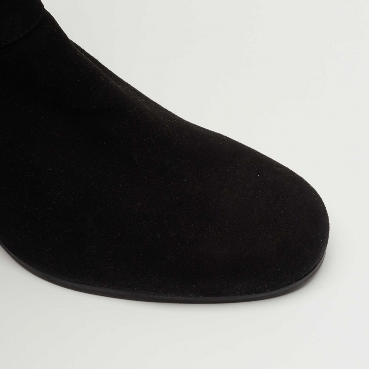 Pre Owned Stuart Weitzman Black Suede Pearl Studded Knee Length Boots Size 39.5
