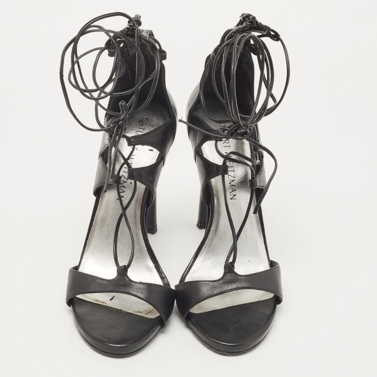 Pre Owned Stuart Weitzman Black Leather Lace Up Sandals Size 37.5