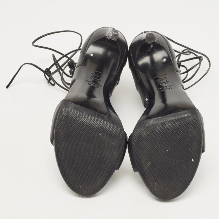 Pre Owned Stuart Weitzman Black Leather Lace Up Sandals Size 37.5