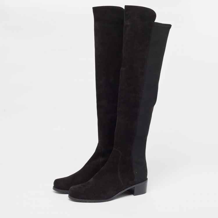 Pre Owned Stuart Weitzman Black Suede and Neoprene Knee Length Boots Size 37.5