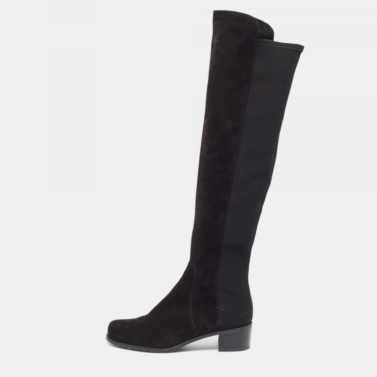 Pre Owned Stuart Weitzman Black Suede and Neoprene Knee Length Boots Size 37.5