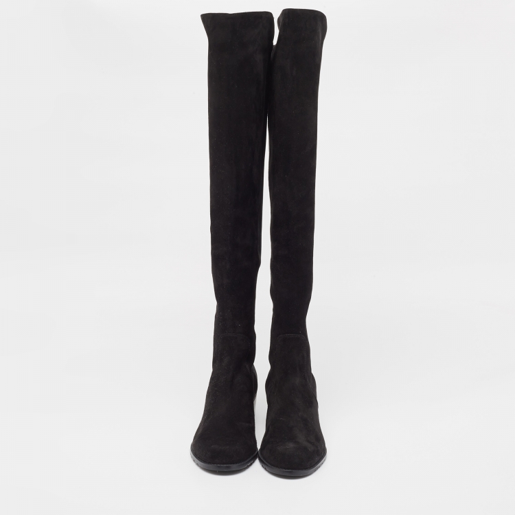 Pre Owned Stuart Weitzman Black Suede and Neoprene Knee Length Boots Size 37.5