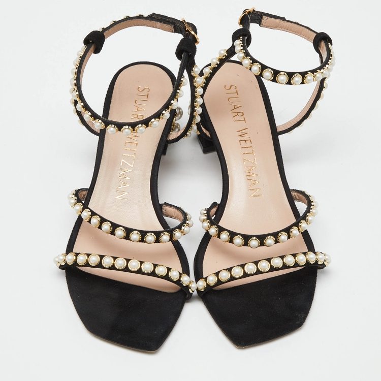 Pre Owned Stuart Weitzman Black Suede Faux Pearl Embellished Ankle Strap Sandals Size 36.5