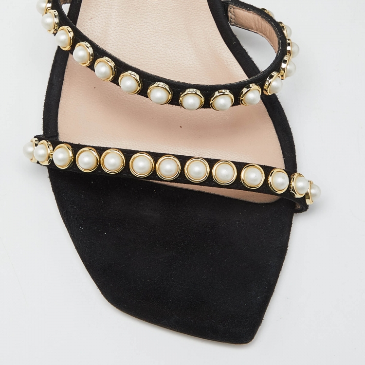 Pre Owned Stuart Weitzman Black Suede Faux Pearl Embellished Ankle Strap Sandals Size 36.5