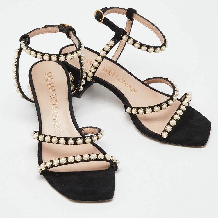 Pre Owned Stuart Weitzman Black Suede Faux Pearl Embellished Ankle Strap Sandals Size 36.5