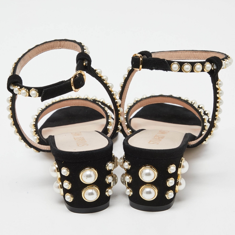 Pre Owned Stuart Weitzman Black Suede Faux Pearl Embellished Ankle Strap Sandals Size 36.5