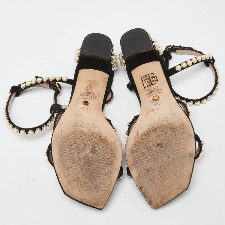 Pre Owned Stuart Weitzman Black Suede Faux Pearl Embellished Ankle Strap Sandals Size 36.5