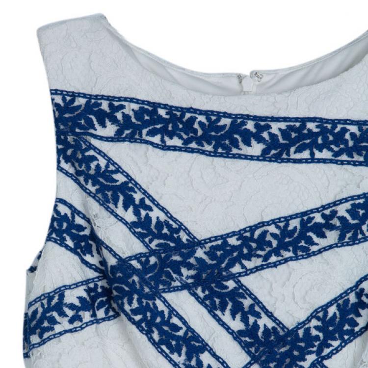 Pre Owned Tadashi Shoji White Lace Shift Cocktail Dress M