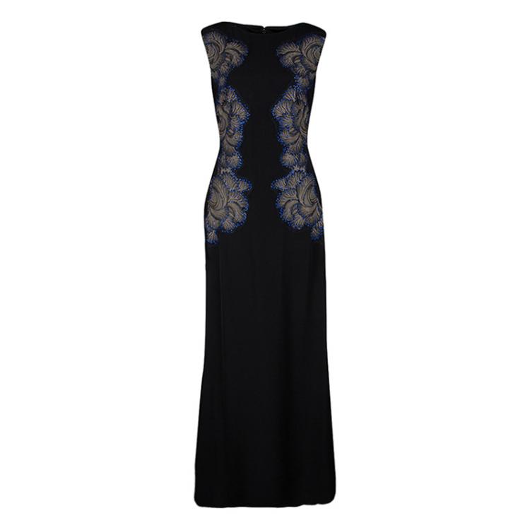 Pre Owned Tadashi Shoji Black Lace Applique Side Panel Detail Embellished Sleeveless Gown S