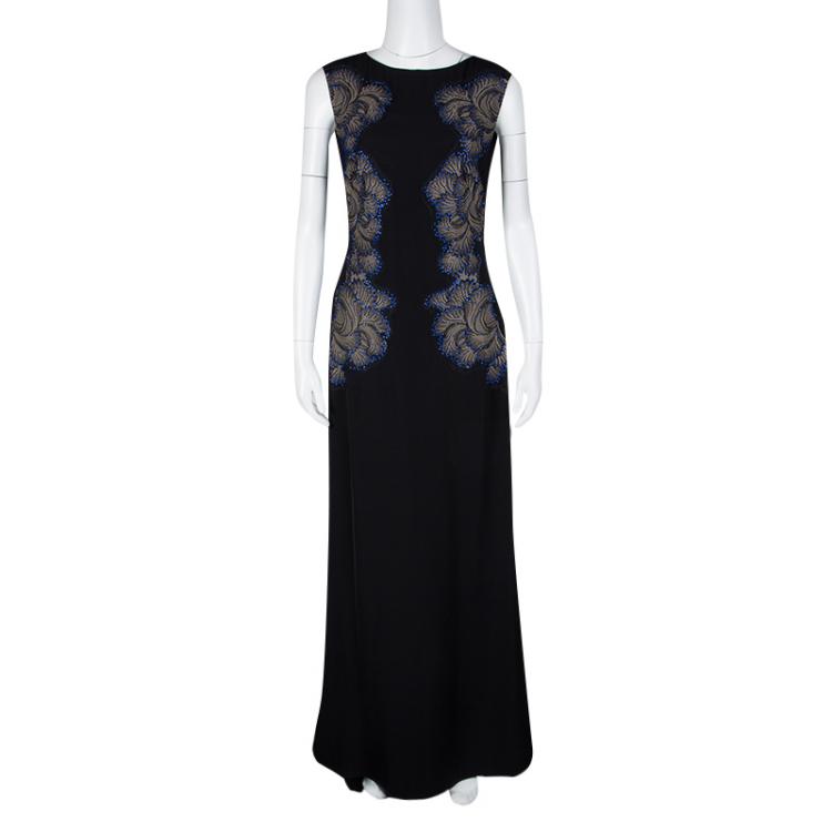 Pre Owned Tadashi Shoji Black Lace Applique Side Panel Detail Embellished Sleeveless Gown S