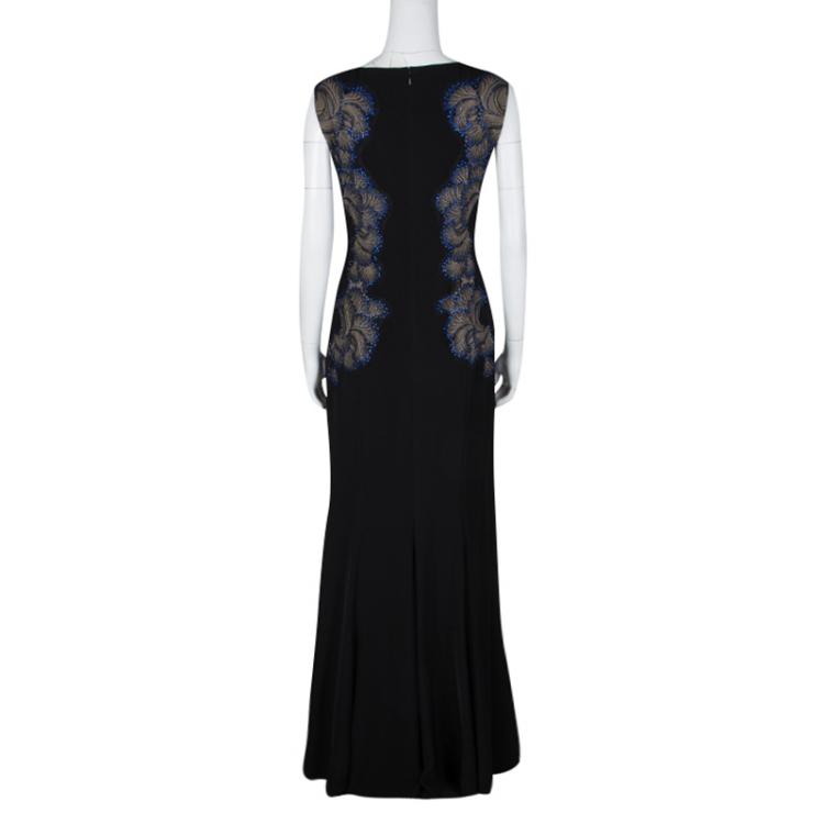 Pre Owned Tadashi Shoji Black Lace Applique Side Panel Detail Embellished Sleeveless Gown S