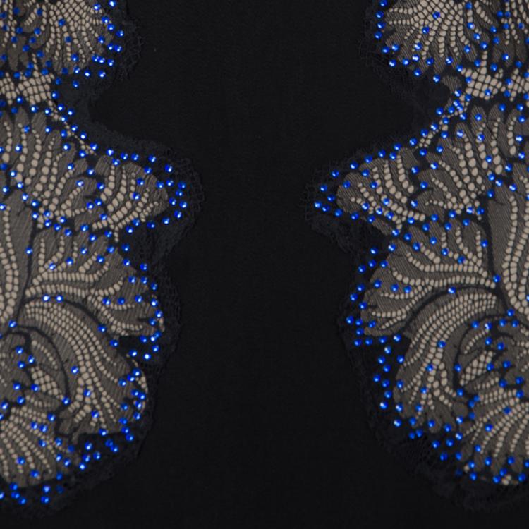 Pre Owned Tadashi Shoji Black Lace Applique Side Panel Detail Embellished Sleeveless Gown S
