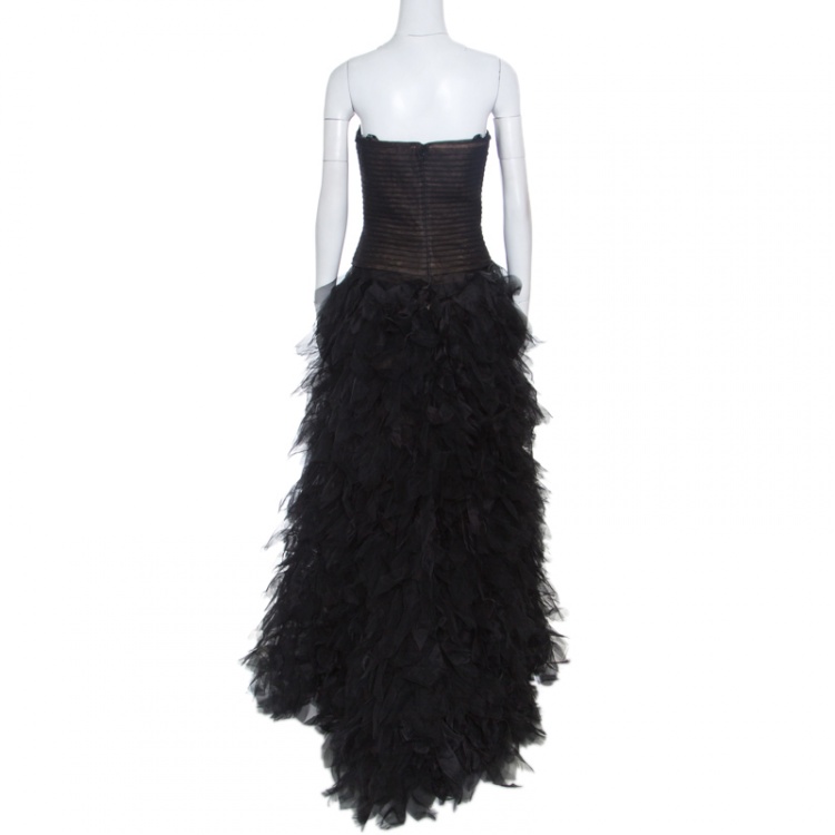 Pre Owned Tadashi Shoji Black Tulle Embroidered Faux Feather Strapless Gown M