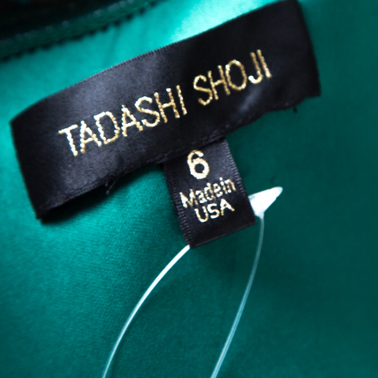 Pre Owned Tadashi Shoji Green Tulle Embroidered Faux Feather Strapless Gown M