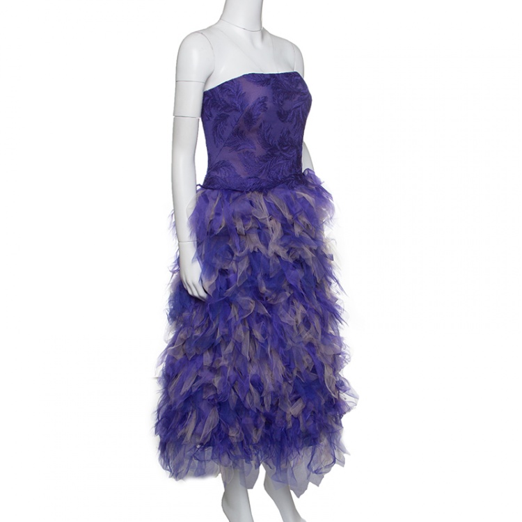 مملوكة مسبقًا Tadashi Shoji Purple and Begie Tulle Embroidered Faux Feather Strapless Dress L