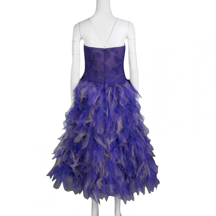 مملوكة مسبقًا Tadashi Shoji Purple and Begie Tulle Embroidered Faux Feather Strapless Dress L
