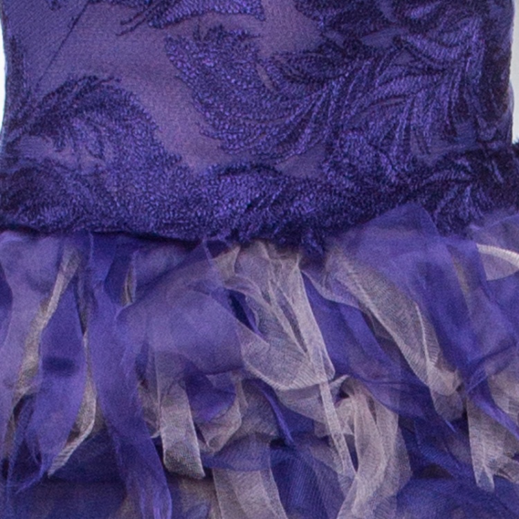 مملوكة مسبقًا Tadashi Shoji Purple and Begie Tulle Embroidered Faux Feather Strapless Dress L