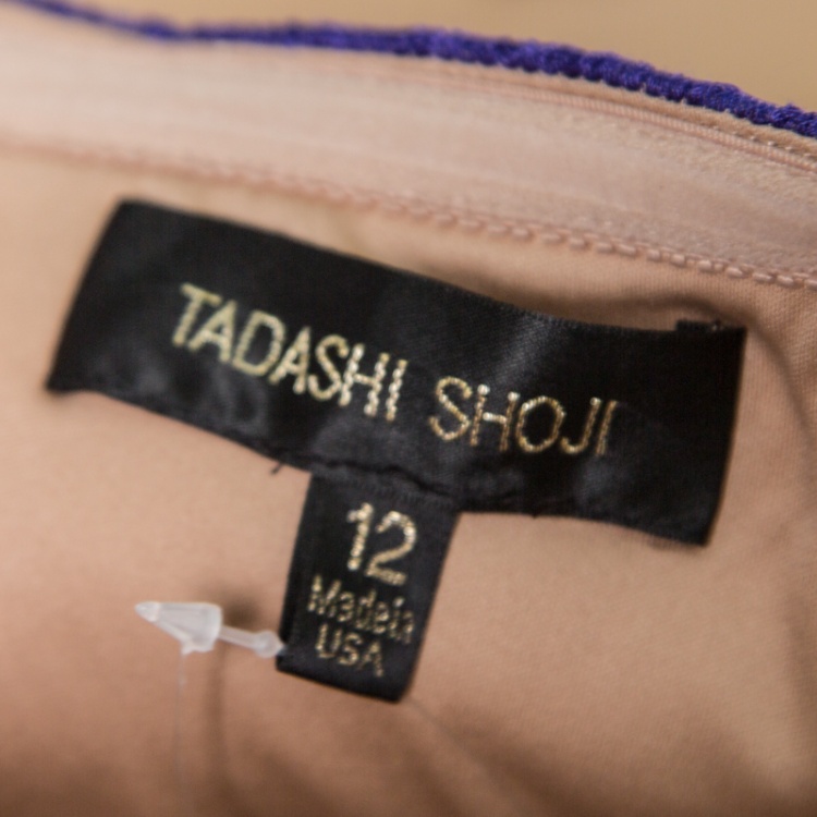مملوكة مسبقًا Tadashi Shoji Purple and Begie Tulle Embroidered Faux Feather Strapless Dress L