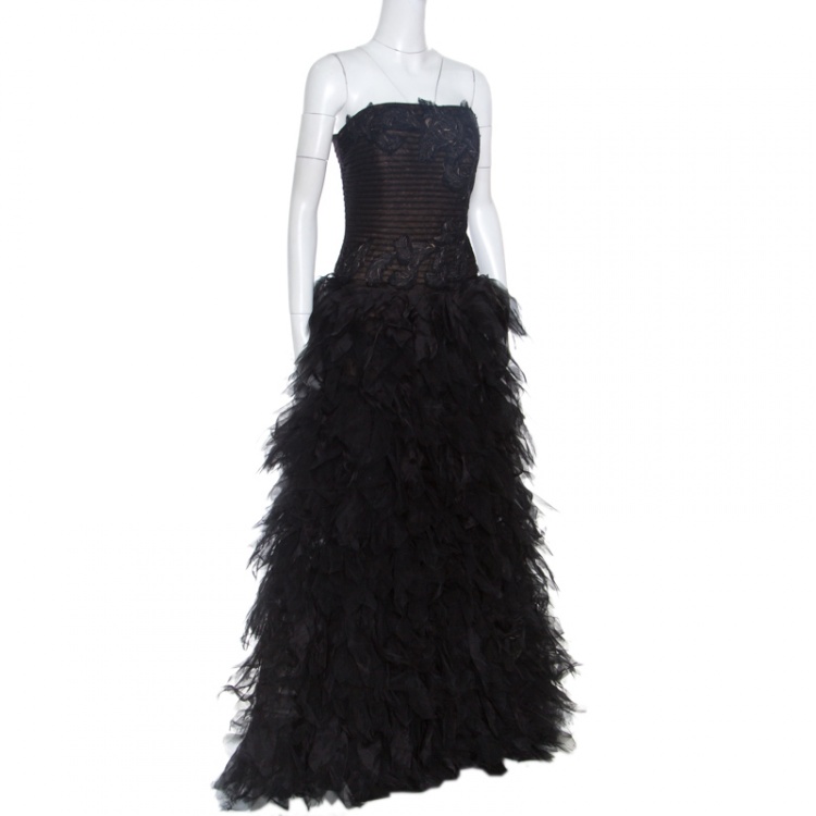 Pre Owned Tadashi Shoji Black Tulle Embroidered Faux Feather Strapless Gown M
