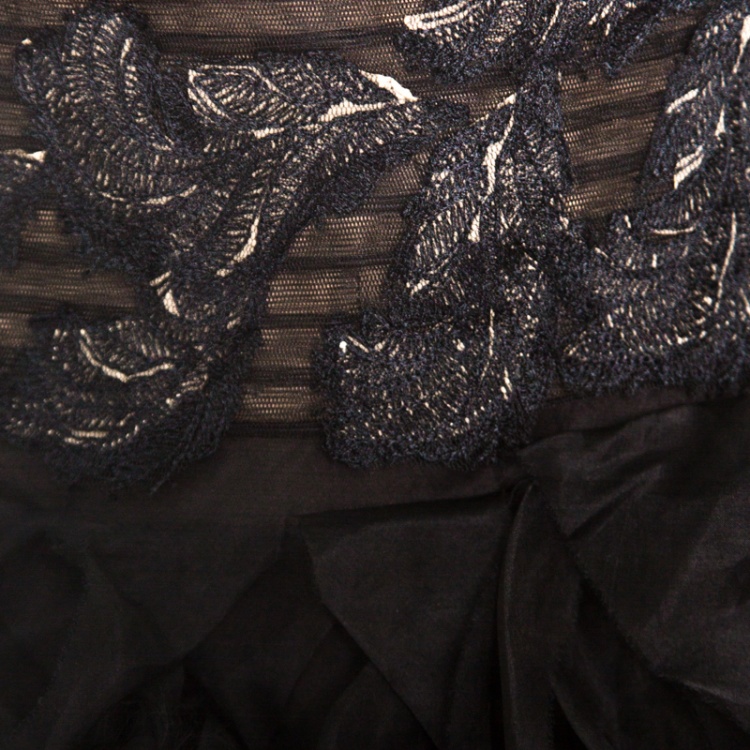 Pre Owned Tadashi Shoji Black Tulle Embroidered Faux Feather Strapless Gown M