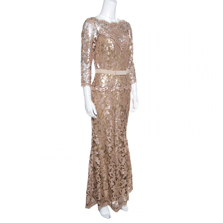 Pre Owned Tadashi Shoji Pink and Black Lace Sequined Long Sleeve Boat Neck Gown S