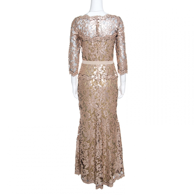 Pre Owned Tadashi Shoji Pink and Black Lace Sequined Long Sleeve Boat Neck Gown S