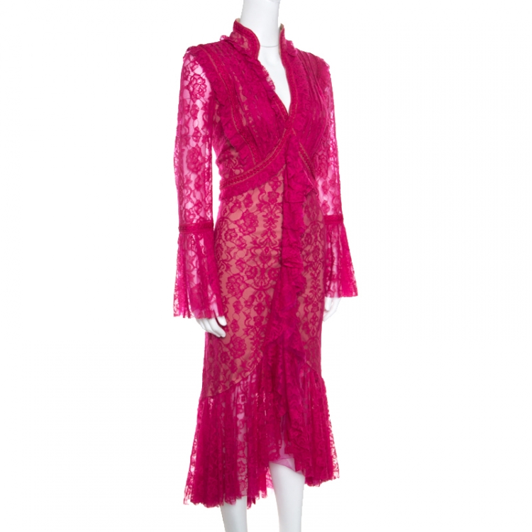 Pre Owned Tadashi Shoji Fuchsia Lace Overlay Detail Ruffle Front Asymmetric Marcellus Dress M