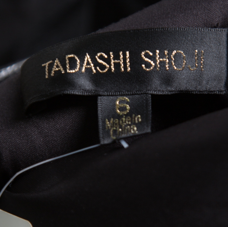 Pre Owned Tadashi Shoji Black Tulle Embroidered Faux Feather Strapless Gown M