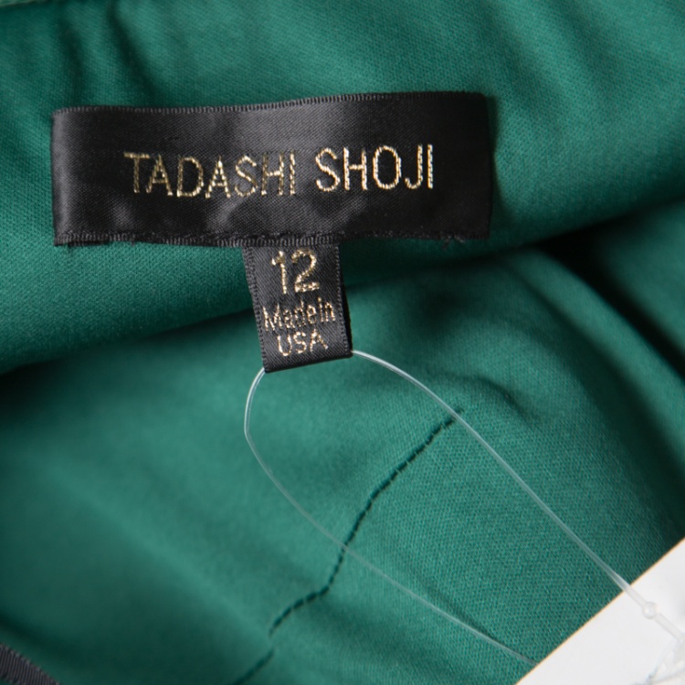 Pre Owned Tadashi Shoji Green Tulle Embroidered Faux Feather Strapless Gown L