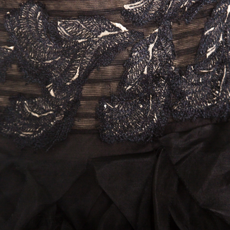 Pre Owned Tadashi Shoji Black Tulle Embroidered Faux Feather Strapless Gown M