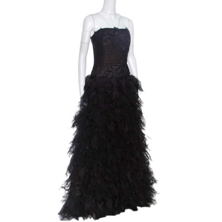 Pre Owned Tadashi Shoji Black Tulle Embroidered Faux Feather Strapless Gown M