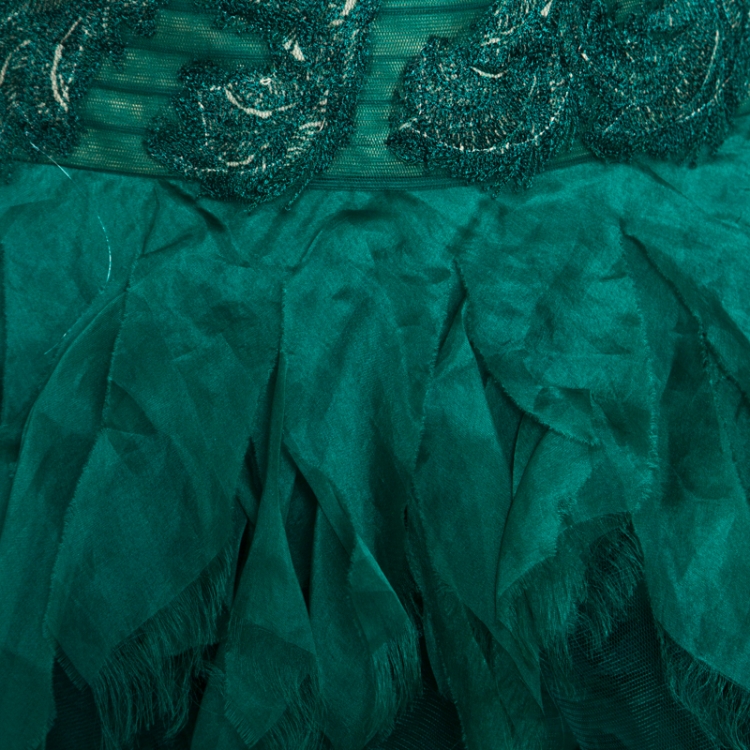 Pre Owned Tadashi Shoji Green Tulle Embroidered Faux Feather Strapless Gown M