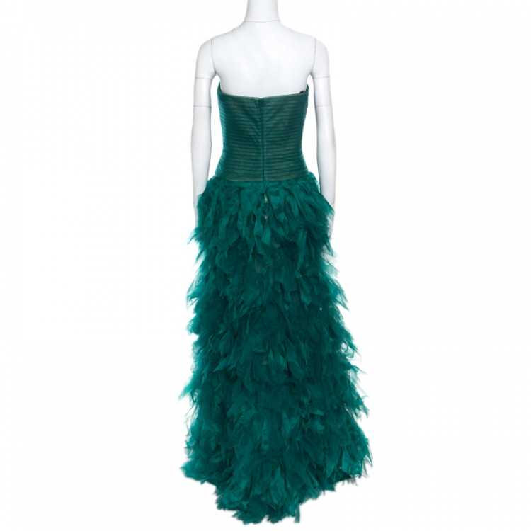 Pre Owned Tadashi Shoji Green Tulle Embroidered Faux Feather Strapless Gown M