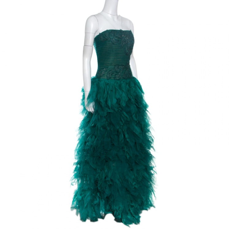 Pre Owned Tadashi Shoji Green Tulle Embroidered Faux Feather Strapless Gown M